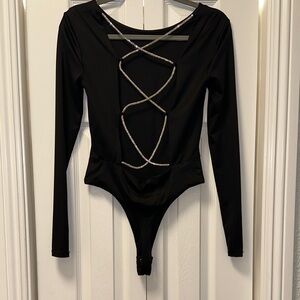 Black Long Sleeve Bodysuit with Rhinestone Straps